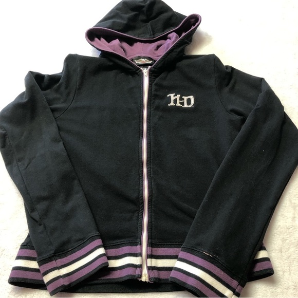 Harley Davidson Black/Purple/White Embroidered Zip Up Hoodie Size Med - Picture 3 of 13